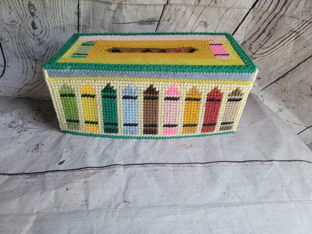 Vintage Handmade Needlepoint Tissue Box Holder Plastic Canvas Crayons 10x 5 x 3